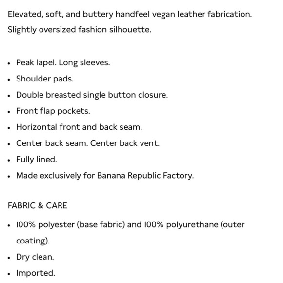 Banana Republic selenite vegan leather double breasted blazer. Size Small. NWT. - Picture 4 of 4